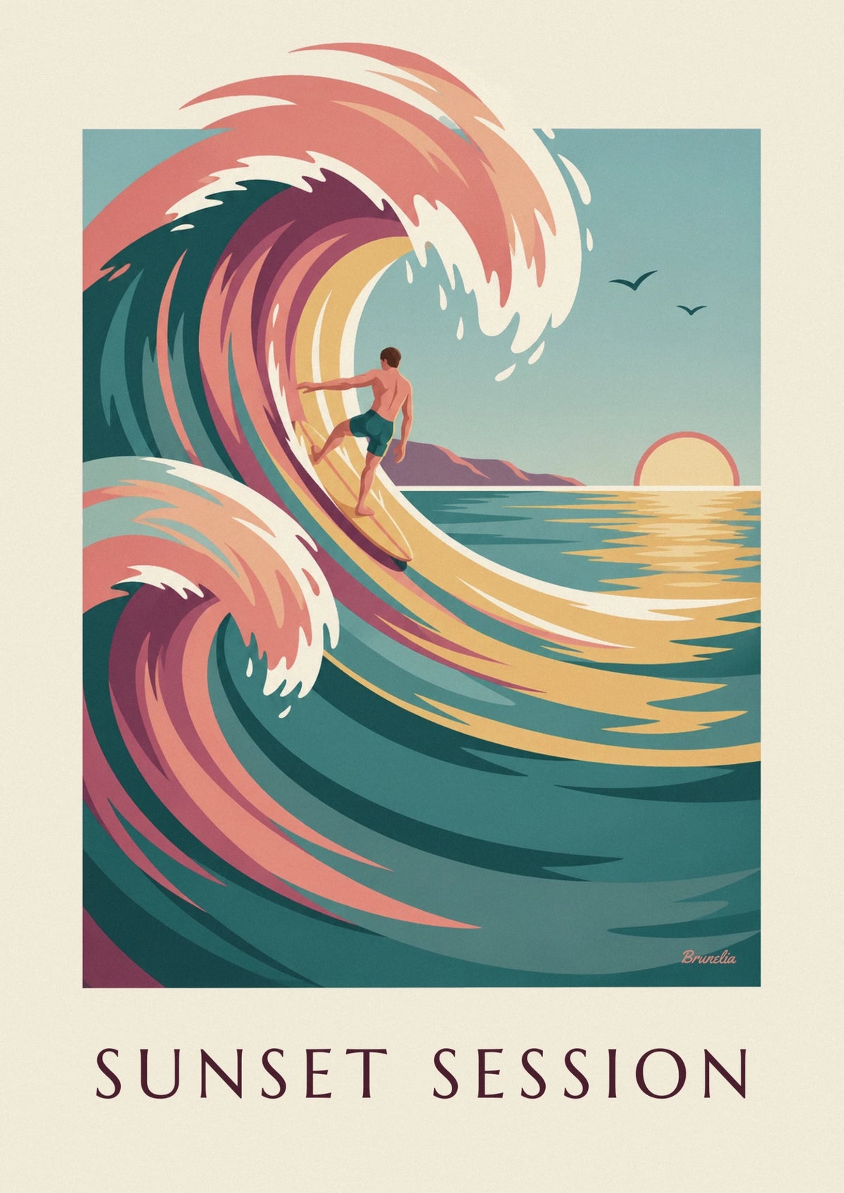 Poster Surfer auf einer Welle bei Sonnenuntergang