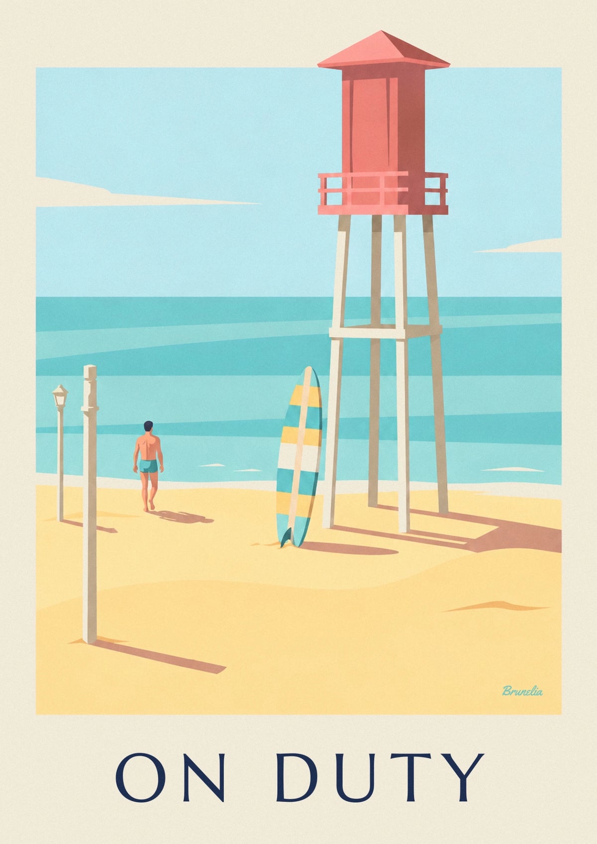 Poster Surfbrett und Rettungsschwimmerturm am Strand