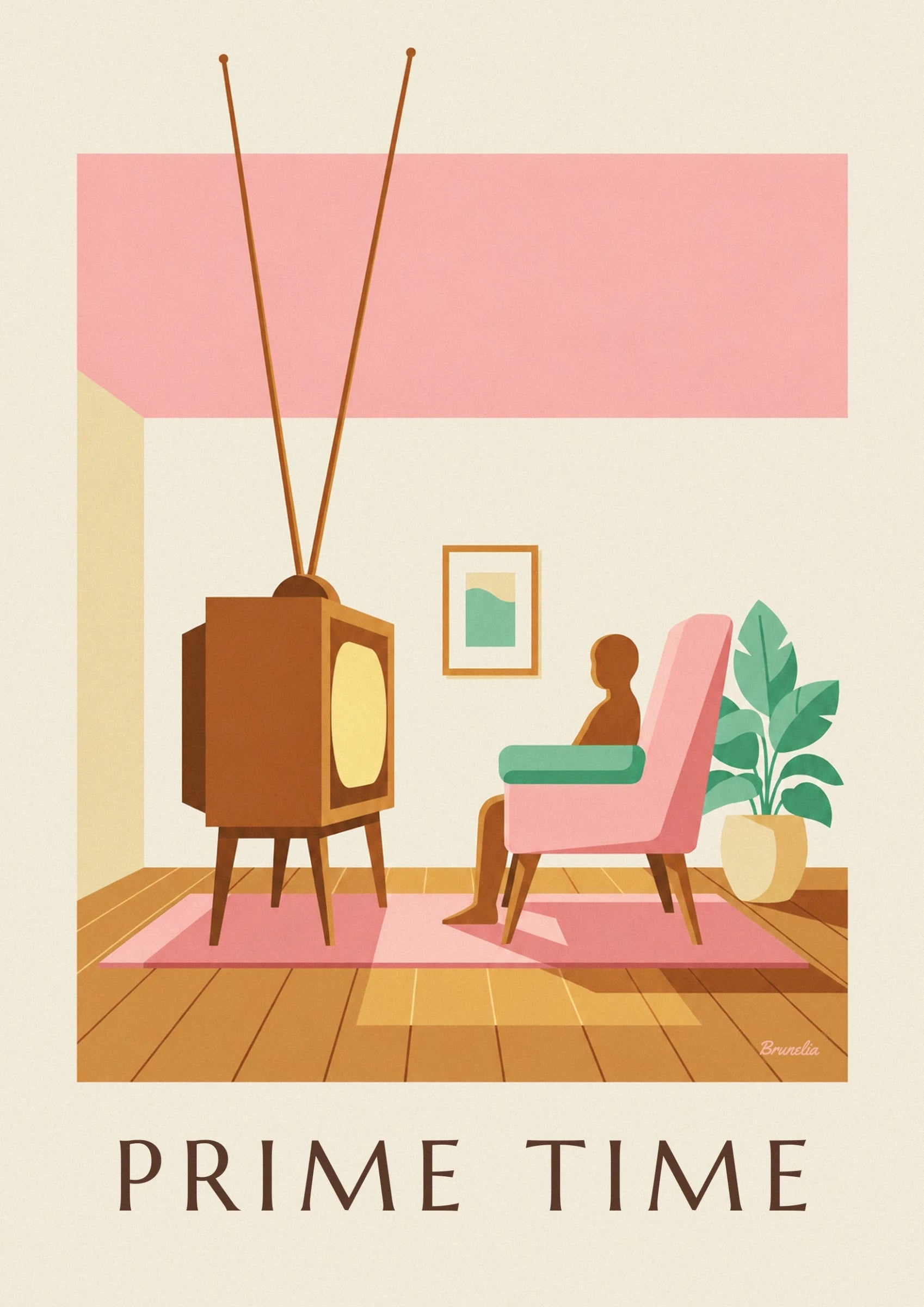 Poster Röhrenfernseher aus Holz in einem Pastell-Wohnzimmer: Detail in Nahaufnahme