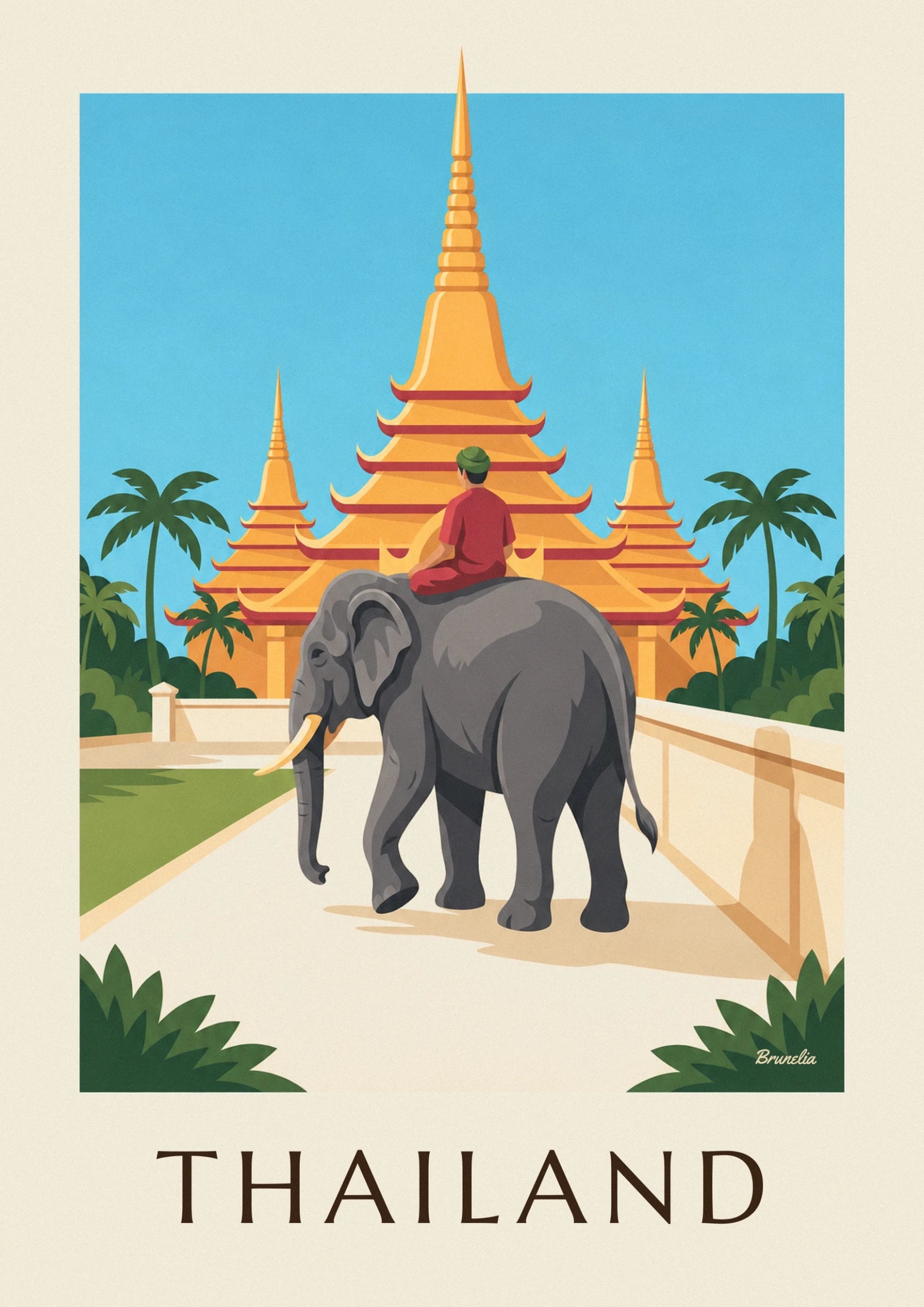 Ein grauer Elefant und sein Reiter in Rot vor den goldenen Pagoden Thailands