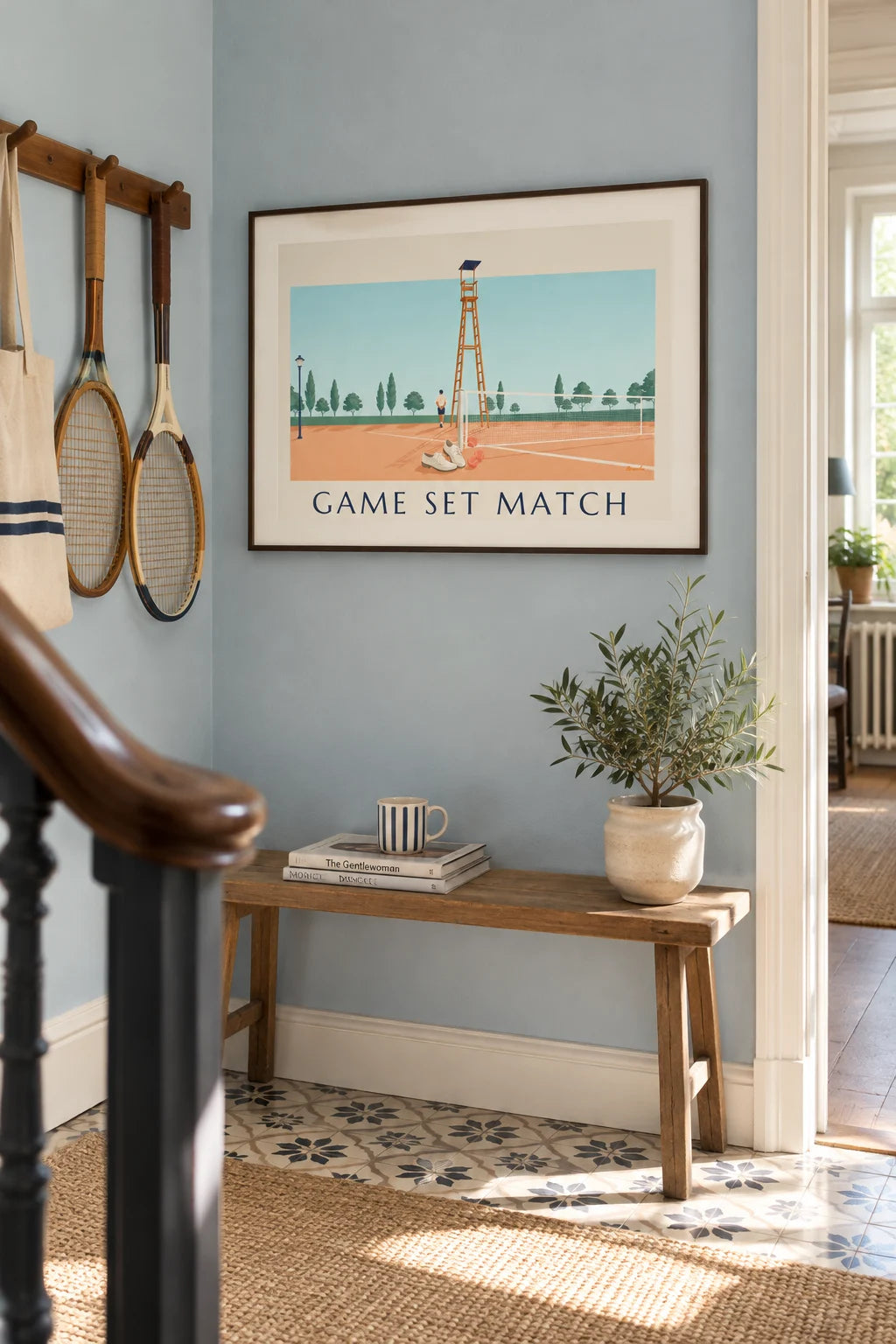 White tennis shoes and balls on clay court poster on the wall