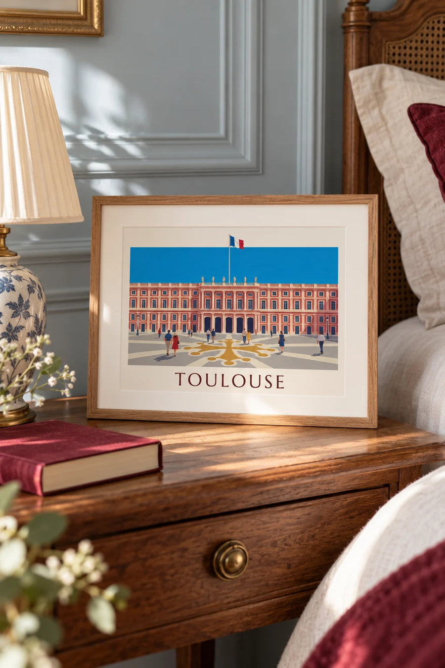 Poster Place du Capitole in Toulouse unter blauem Himmel: kleines Format A4, gerahmt
