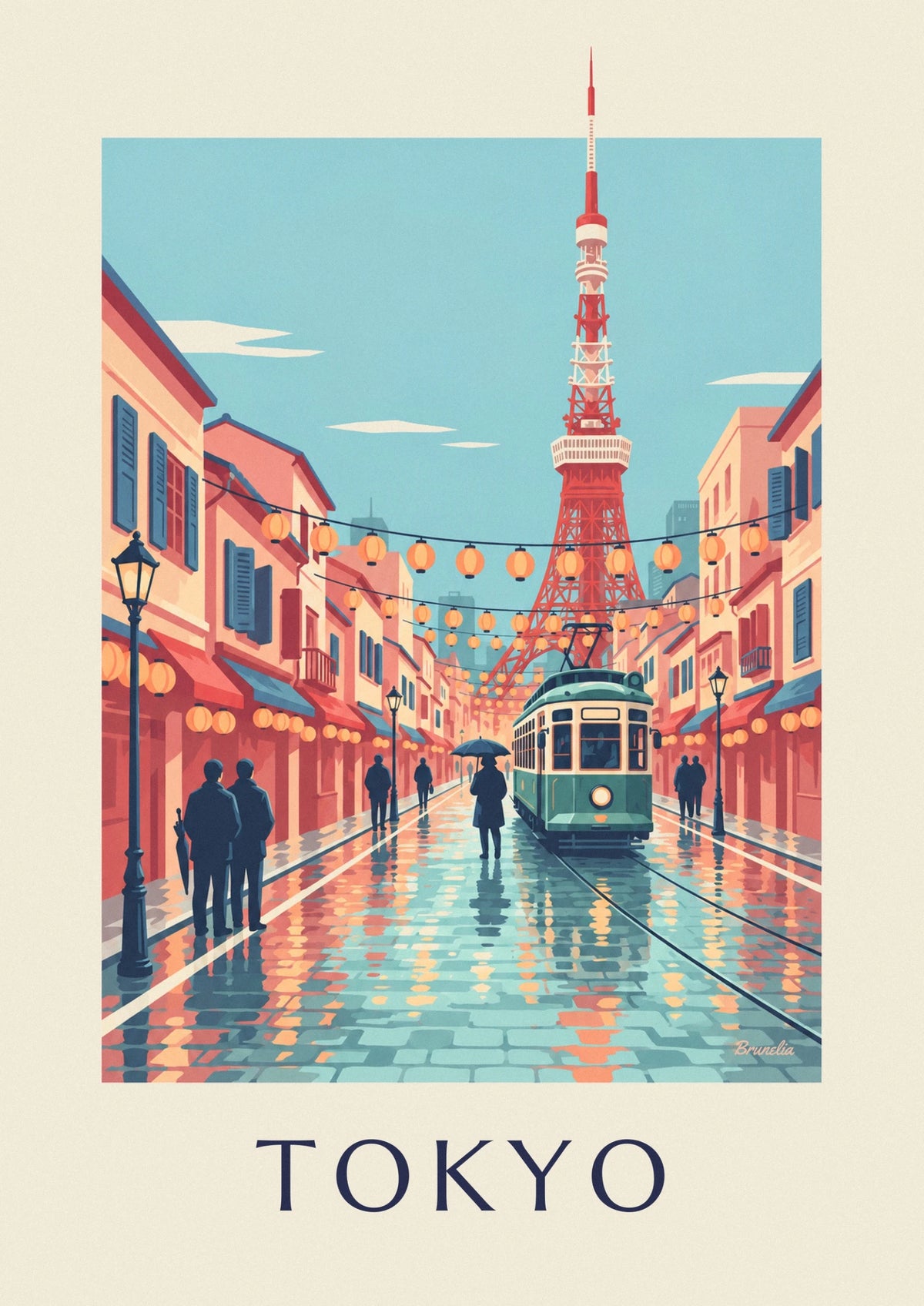 Poster Alte Straßenbahn in Tokio und Tokyo Tower in der Abenddämmerung