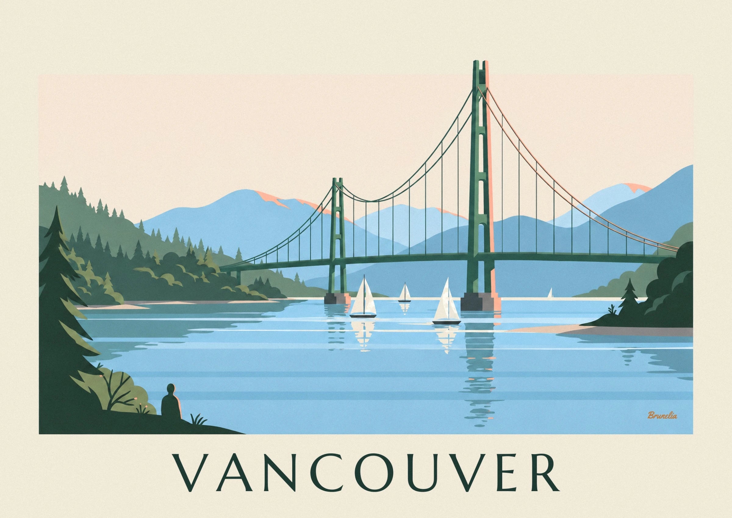 The green tower of Lions Gate bridge and its cables against the blue mountains