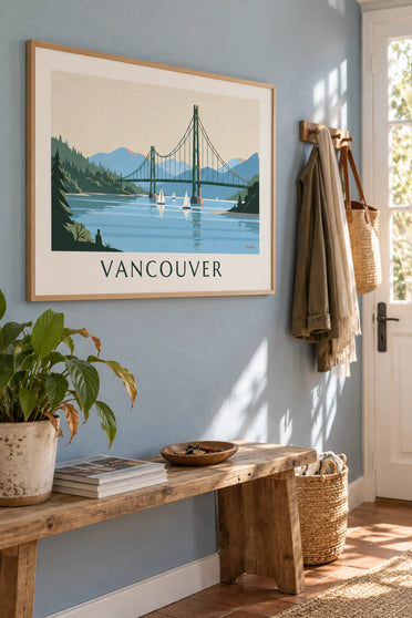 Affiche pont Lions Gate et voiliers à Vancouver : encadrée au mur