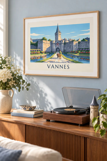 Affiche jardinier devant la porte Poterne et les remparts de Vannes : encadrée au mur