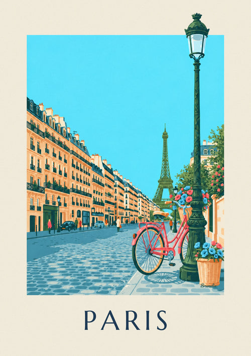 Poster of a bike with a flowered wicker basket on a Paris street: the full poster