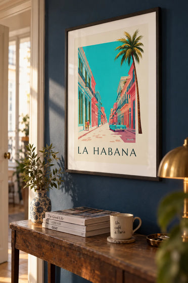 Poster of a turquoise American convertible in Havana: framed on the wall