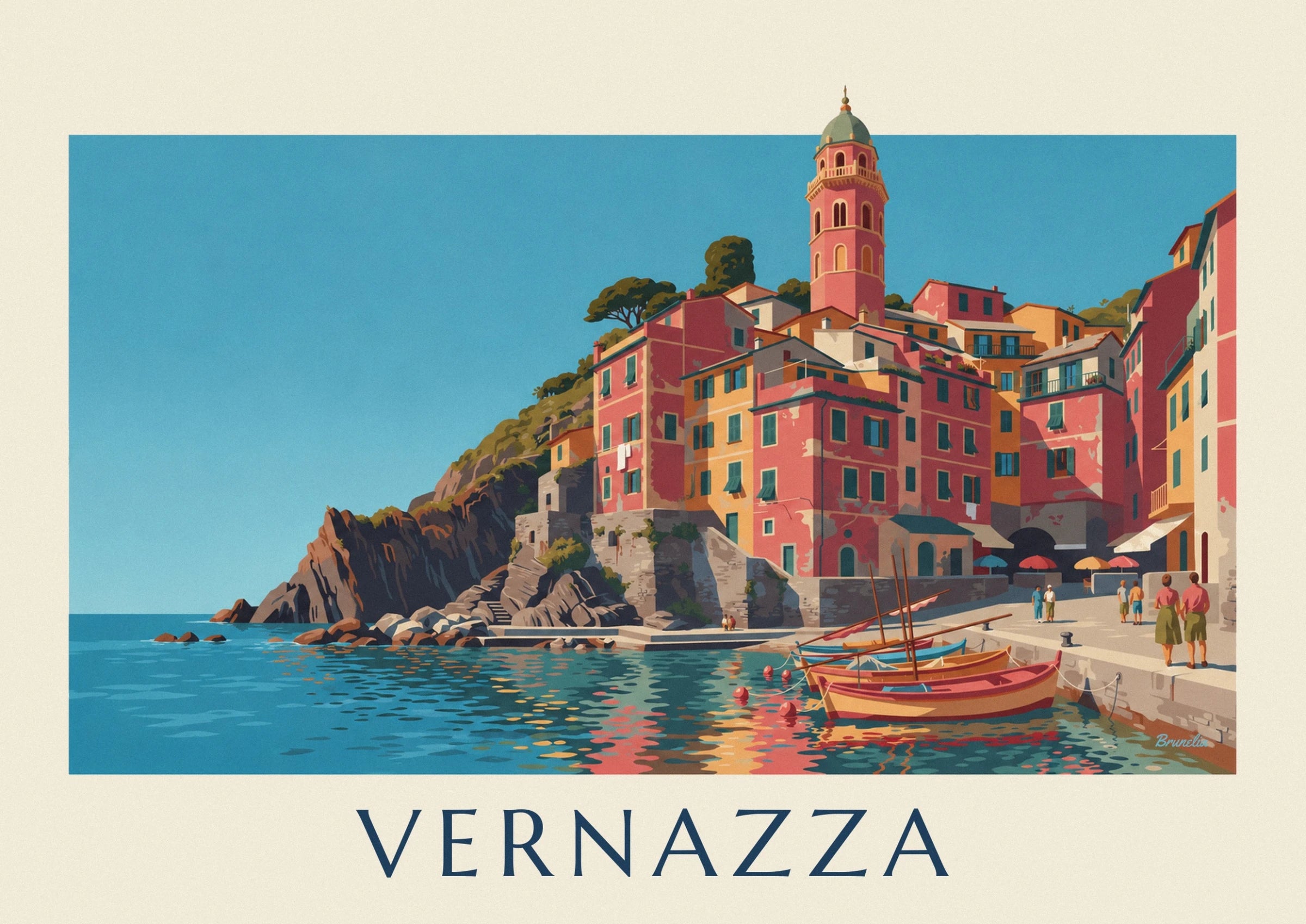 Der rosafarbene Glockenturm mit grüner Kuppel über den bunten Häusern von Vernazza