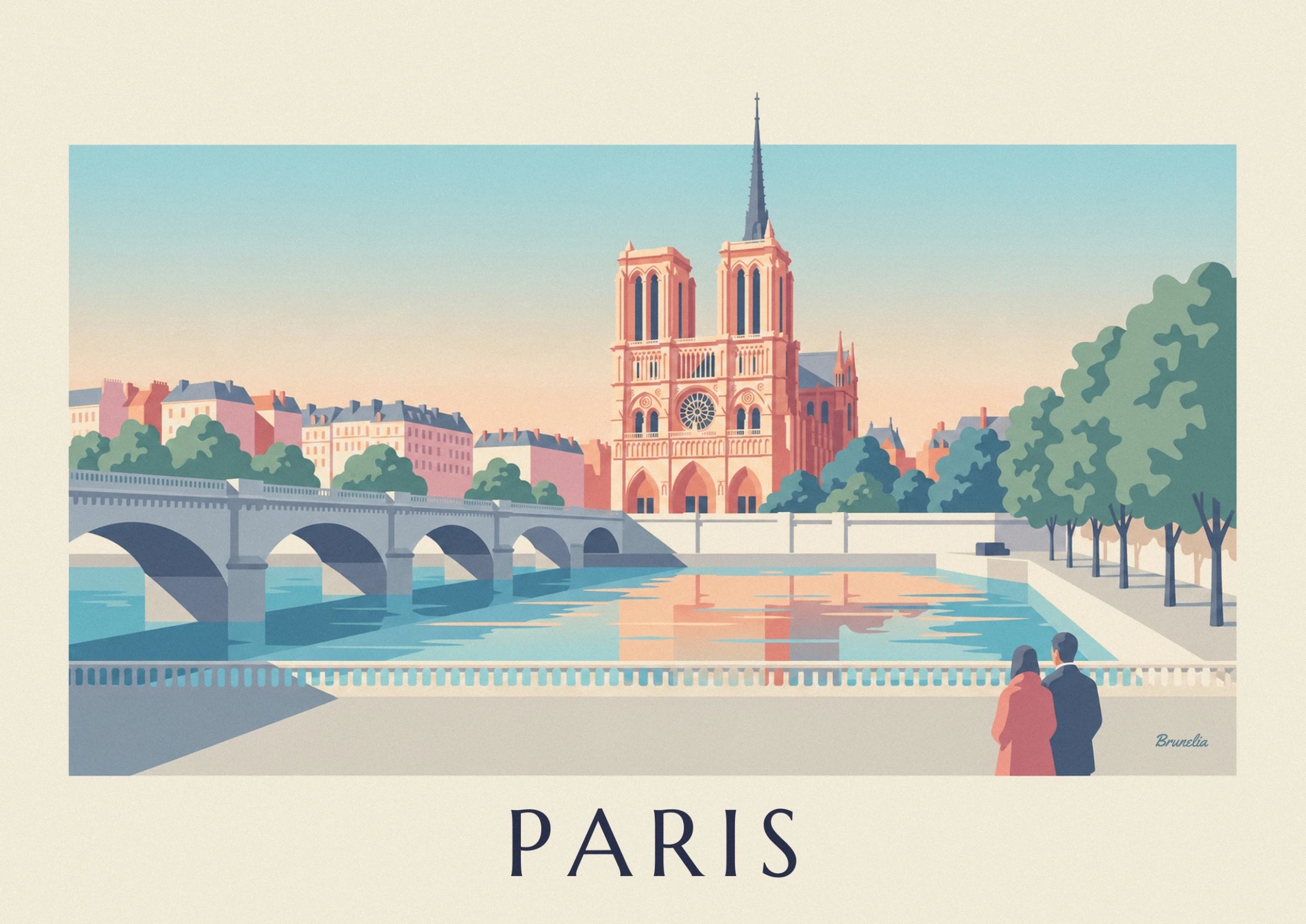 Die rosafarbenen Türme von Notre-Dame, Rosette und Turmspitze vor blauem Himmel