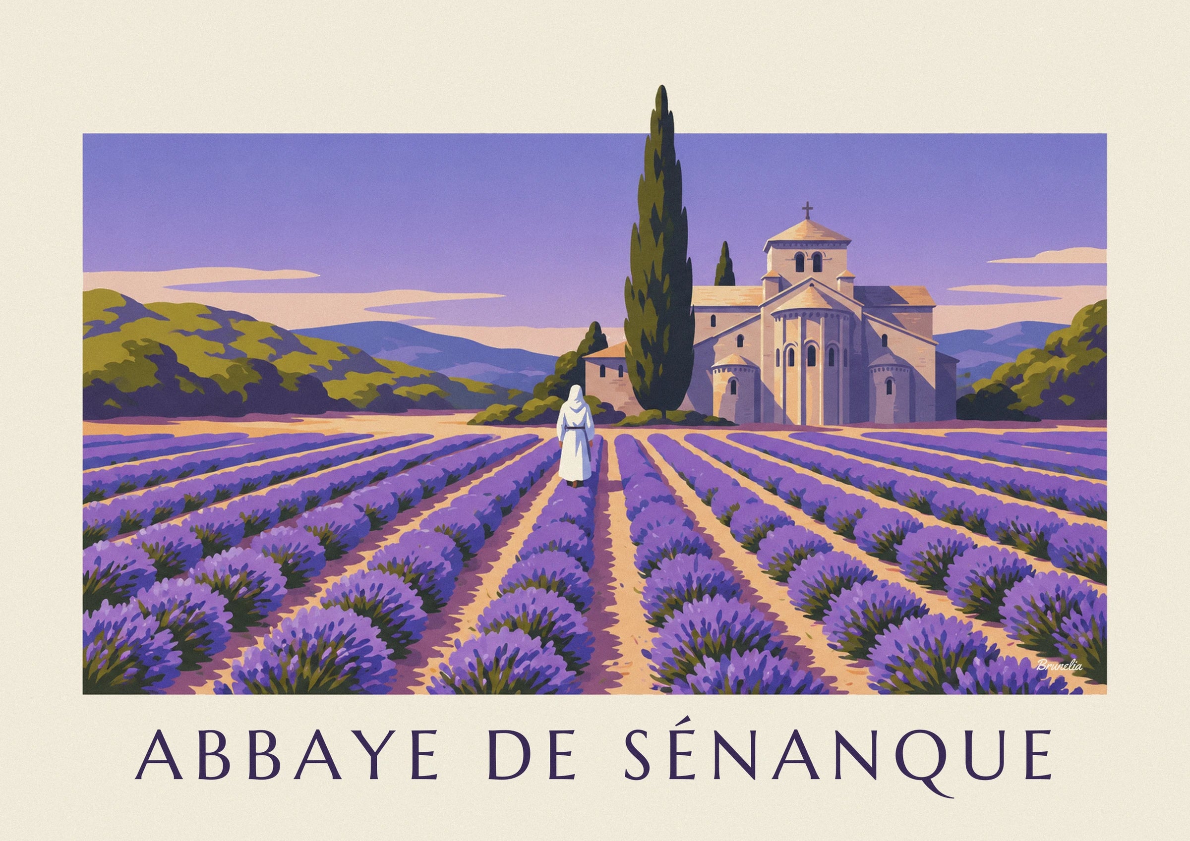 Monk walking through lavender at Sénanque Abbey poster: close-up detail