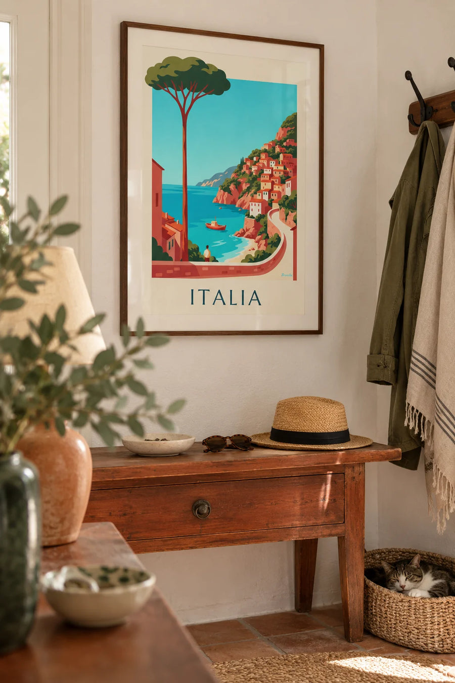Poster italienische Küste, Pastelldörfer an den Klippen: gerahmt an der Wand