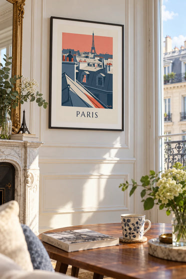 Poster Zinkdächer und Kamine von Paris am Abend: gerahmt an der Wand