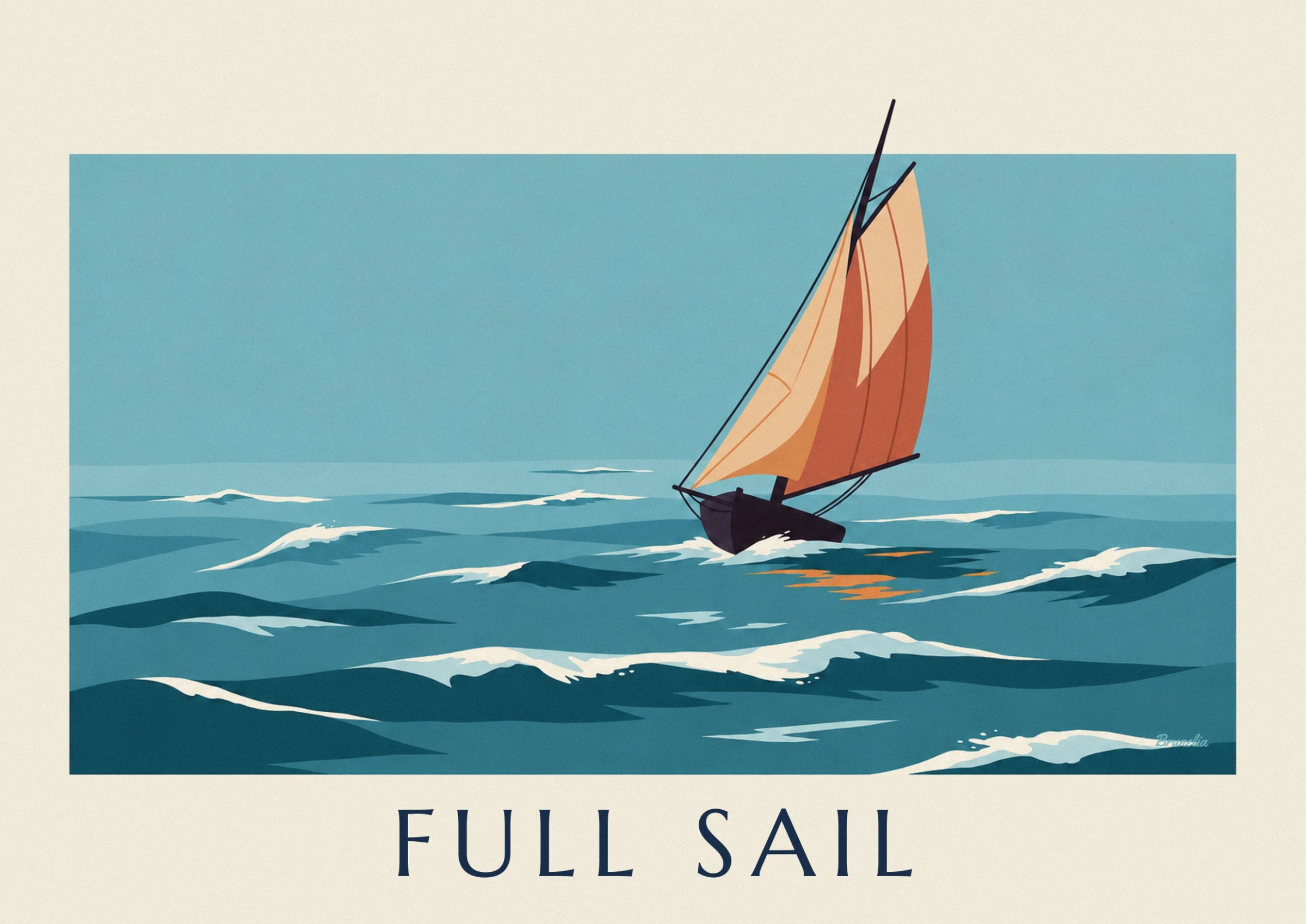 Les voiles beige et orange du voilier, gonflées par le vent, au-dessus de la coque sombre